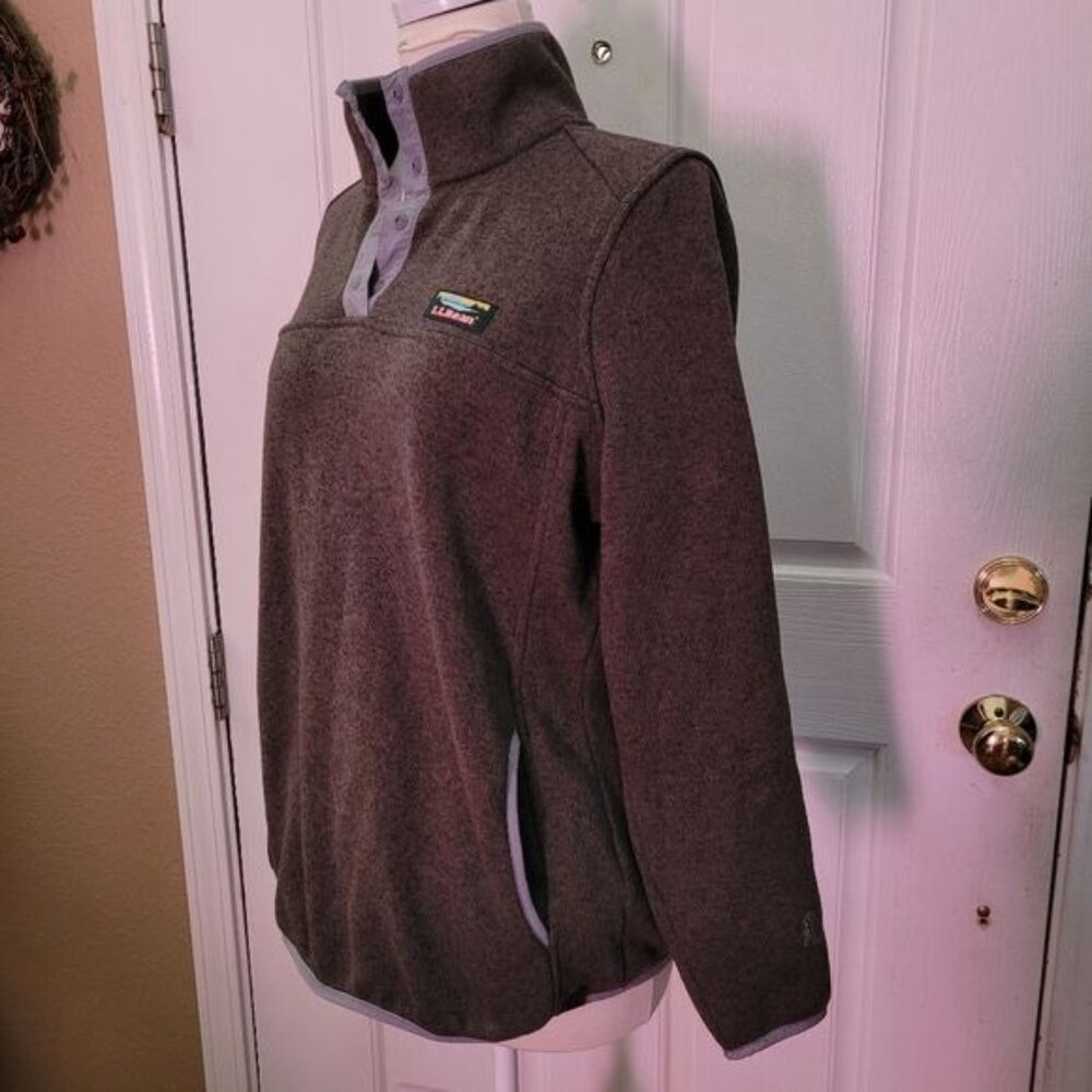 LL bean Women's Snap Sweater Green Gray Grey Medium Pullover Fall Winter Hiking - Picture 3 of 8
